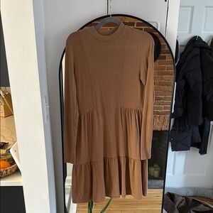 Brown Long Sleeve Sweater Tiered Dress